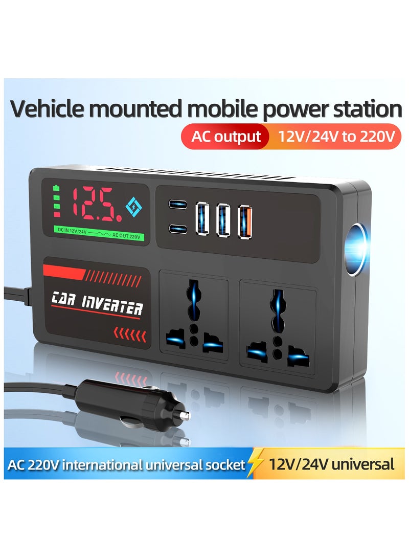 200W Car Power Inverter, DC 12/24V to 220V AC Car Inverter, 3 USB 2 Type-C Ports Charger Adapter Car Plug Converter with Switch and Current LED Screen, Suitable for Cars, SUV & Truck - Image 1